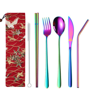 Metal fork spoon straw cutlery set for camping