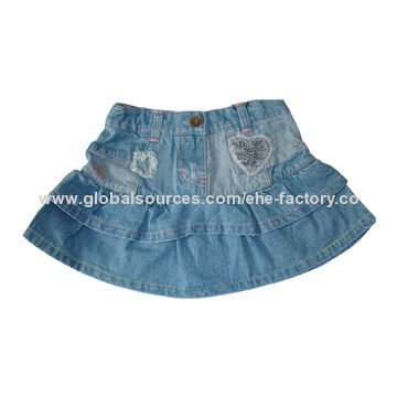 Girls' Denim/Children's Ruffled Skirt, Heart Shape Embroidery Patch, Butterfly Pink Embroidery