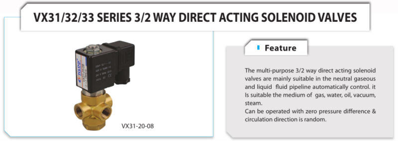 solenoid valve with DC24V /VX31/32/33 Series 3/2way Brass Solenoid Valve/ 3/2 way direct acting solenoid valve for 1.6MPa