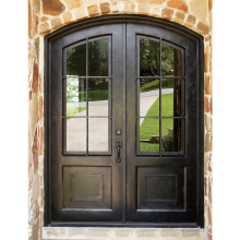 Modern Arched Wrought Iron Doors with Glass Inserts and Smart Locks