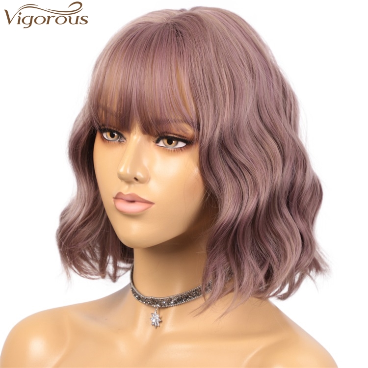 Vigorous Good Quality Synthetic Short Wavy Wigs Short Bob Purple Mixed Pink Wig With Neat Bangs Heat Resistant Wholesale Price