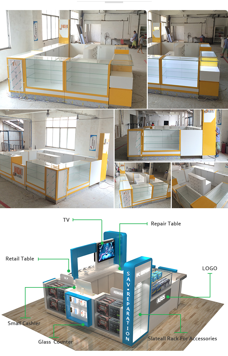 Customizng Wooden Shopping Mall Cell phone Display Repair Kiosk Design