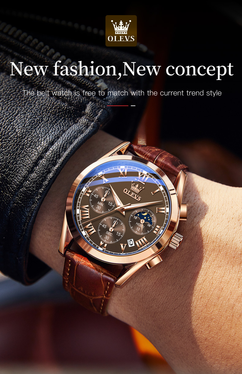 OLEVS 2871 Multifunctional Sports Watches Leather Luxury Fashion Genuine Leather Man Wristwatch Waterproof Luminous Men's Watch