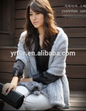 YR101 sapphire color Genuine Mink Tail Hand Knitted Fur Shawl Scarf