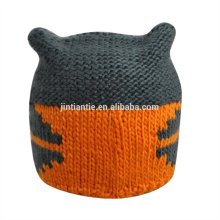 funny and cute grey orange acrylic beanie knitting hat for girl
