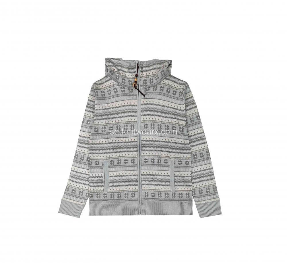 Stickad tröja för män Snow Jacquard Hoodie med full dragkedja