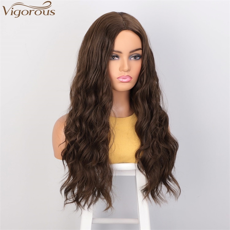 Vigorous High Temperature MediumBrown Long Wavy Wig Middle Part Synthetic Wigs For Black Women Wholesale Price