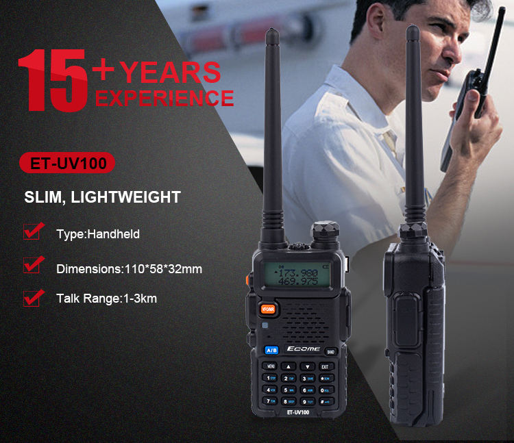 Ecome ET-UV100 Radio Radio 128 Channel Dual Dual Band ثنائية الاتجاه uhf VHF Ham Handheld FM Amateur Walkie Talkie