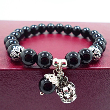 Black Onyx Beads Bracelet With Crown Drop Pendant Bracelet