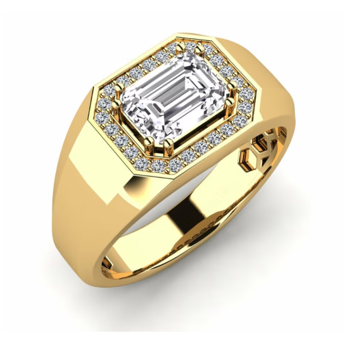 Vista de tres cuartos del anillo de pavé geométrico para hombre con hombros de oro amarillo pulido
