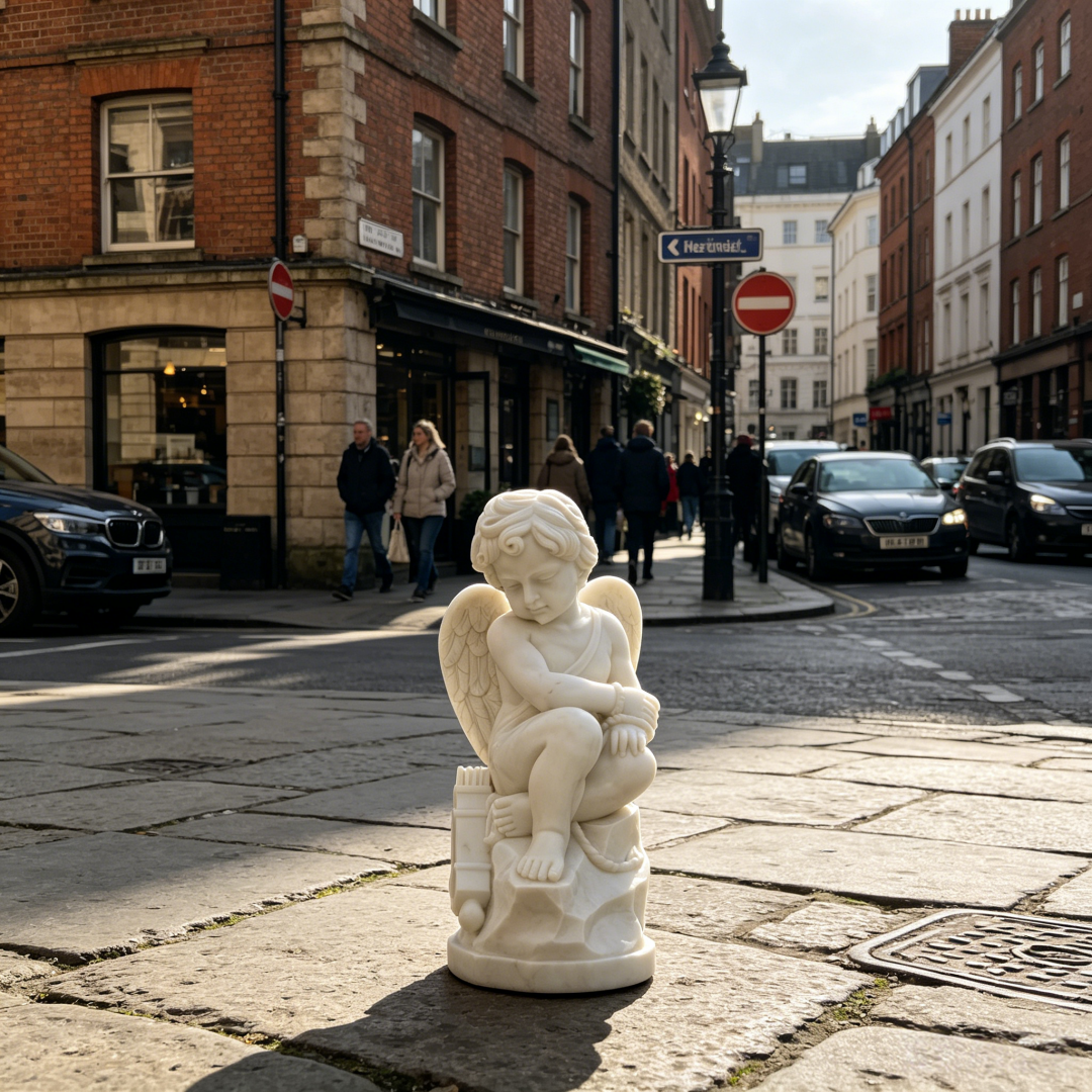 Marble Cherub in European Street Setting Marble Cherub in European Street Setting
