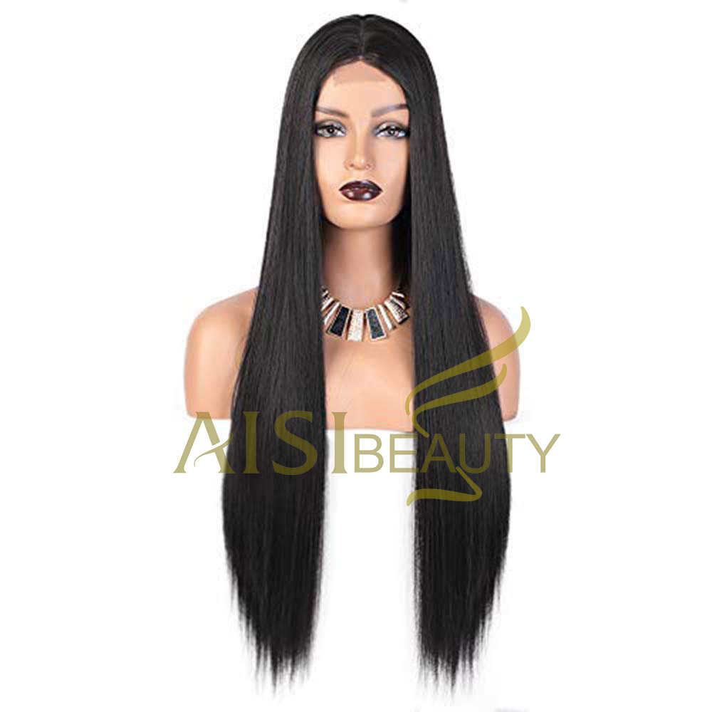 Aisi Beauty Wholesale Vendor Long Silky Straight Middle Part Black Wig Lace Front Synthetic Hair For Black Women Lace Front Wig