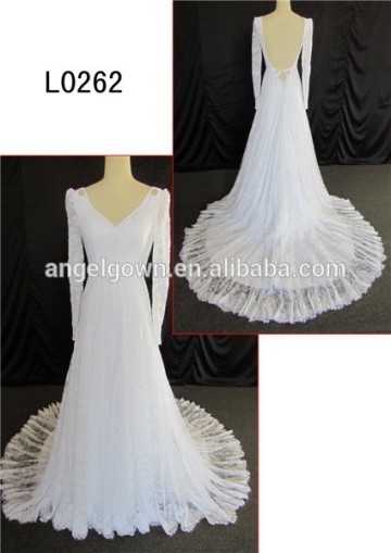 beauty lace wedding dress long sleeve /long train wedding dress