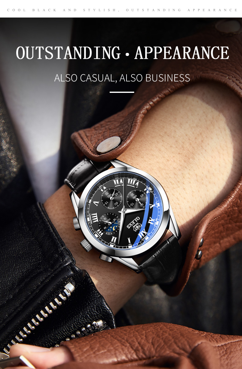 OLEVS 2871 Multifunctional Sports Watches Leather Luxury Fashion Genuine Leather Man Wristwatch Waterproof Luminous Men's Watch