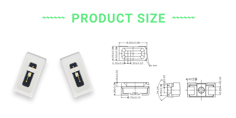 Size of 3015LGC52D7L12 Super Bright 520nm LED Emitters Side Emitting LED 3014 SMD LED