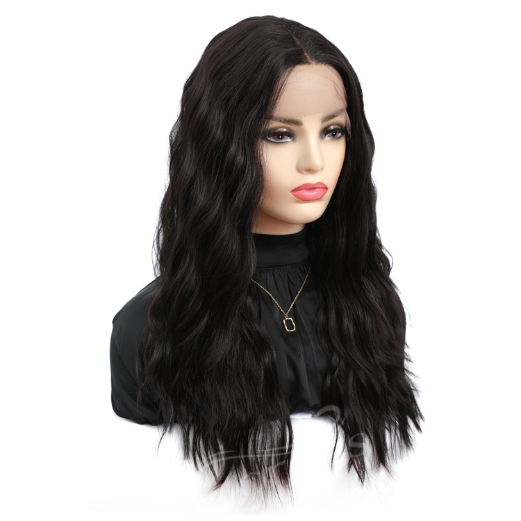 Vigorous vendor natural wholesale high quality long body wave fiber lace front heat resistant synthetic blend wig for women