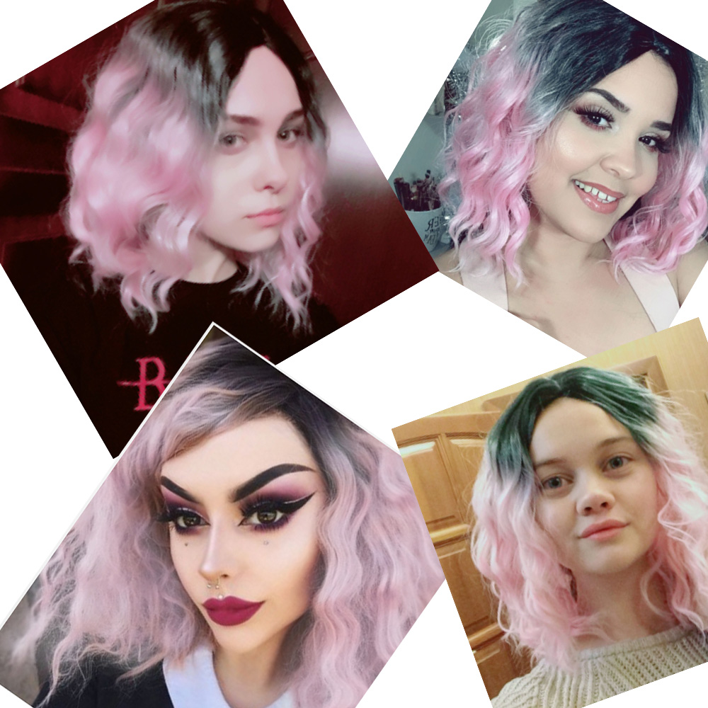 Vigorous 14 Inch Curly Wave Short Bob Wigs Ombre Light Pink Synthetic Cosplay Pastel Wig for Girl Costume Christmas Party
