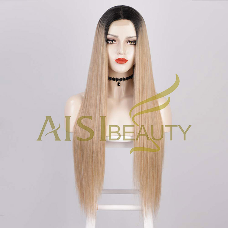 Aisi Beauty Vendor Cheap Party 26 Inch Long Straight Ombre Blonde Wig Swiss Lace Synthetic Hair For Black Women Lace Front Wig