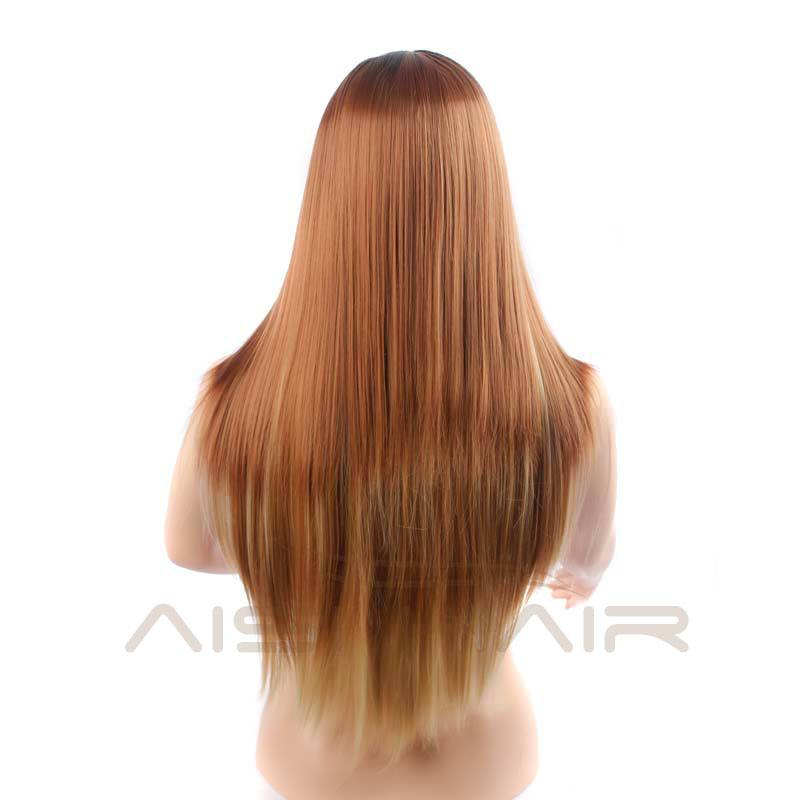 The Best Selling Long Straight Ombre Brown Wigs For Women With Dark Roots Heat Resistant Synthetic Wig