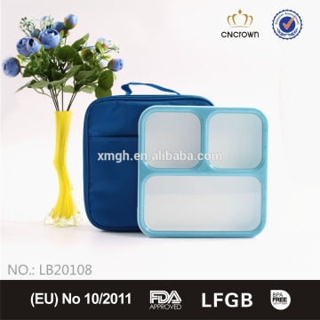 nice 3 compartment plastic bento lunch box with easy to carry insulated cooler bag