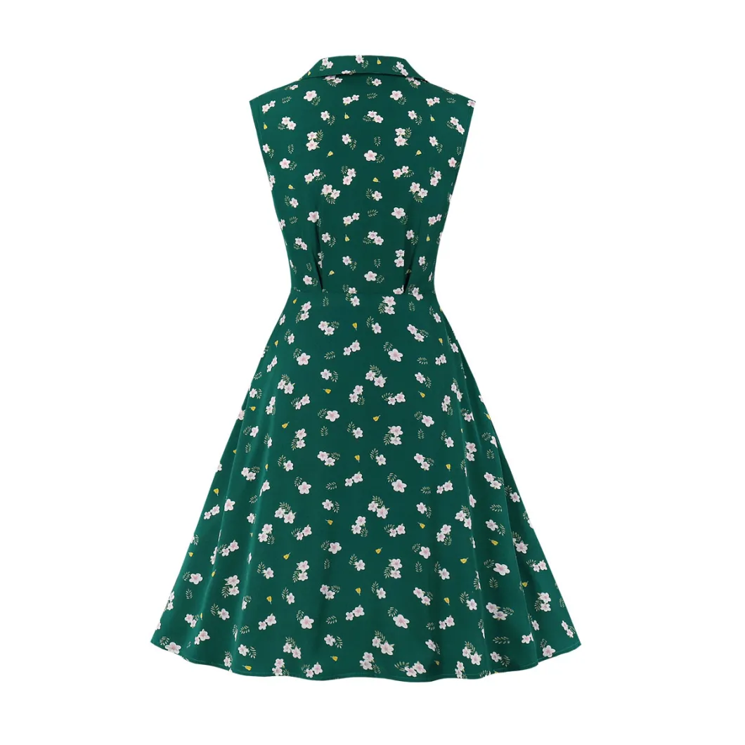 Women Summer New Lapel MID-Length Skirt Floral Sleeveless Dress
