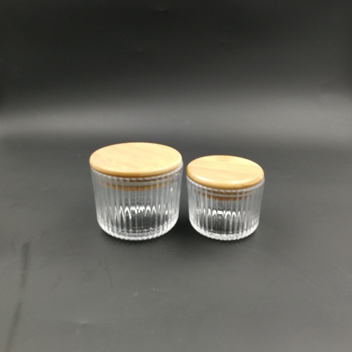 Wholesale ribbed chear glass candle jar with wood lid