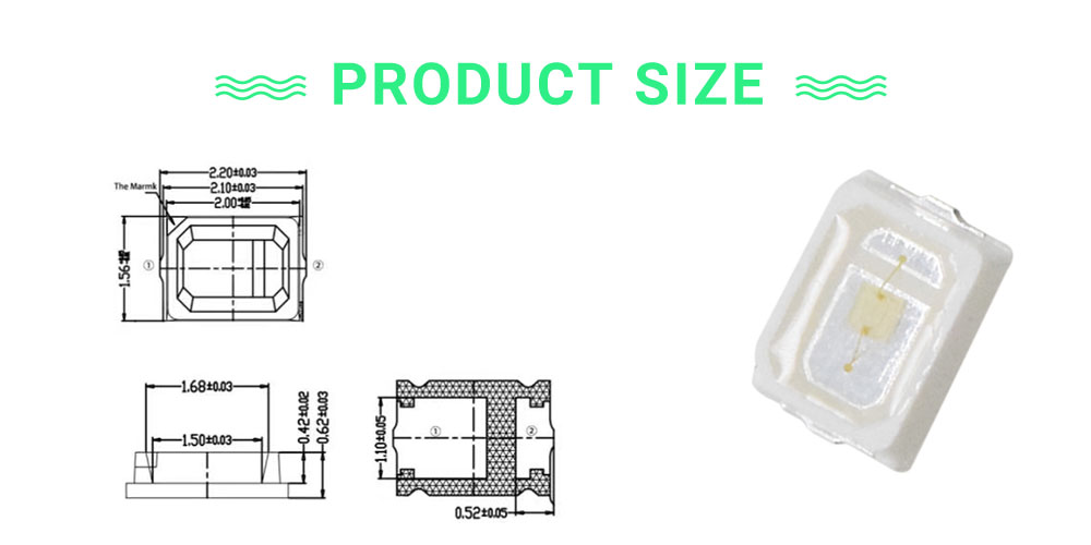 Size of 2016LGC52D15L20 525nm 520nm Green LED 2016 SMDSMT 0.5W 150mA