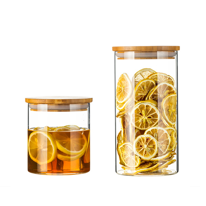 Wide Neck Wholesale Wooden Lid Round Bottom Glass Jar Food Storage Glass Sweet Jars