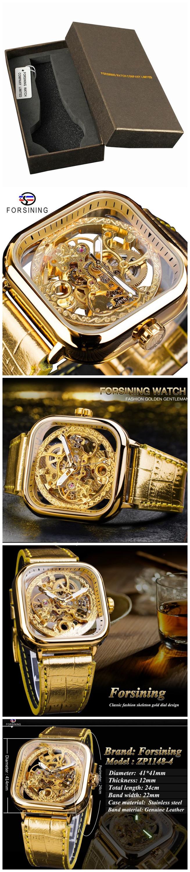 Forsining Waterproof Watches Gold Classic Fashion Business Square Dial Design Automatic Mechanical Men's Leisure 2020 Glass 22mm