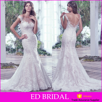 New Come Mermaid Cut Cap Sleeve Appliques See Through Tulle 2016 Bateau Illusion Neckline Wedding Dress