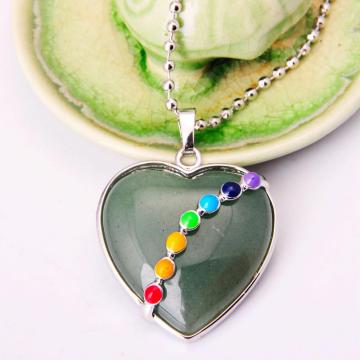 7 & Seven Chakras Gemstone Green Aventurine Heart Pendant Necklace