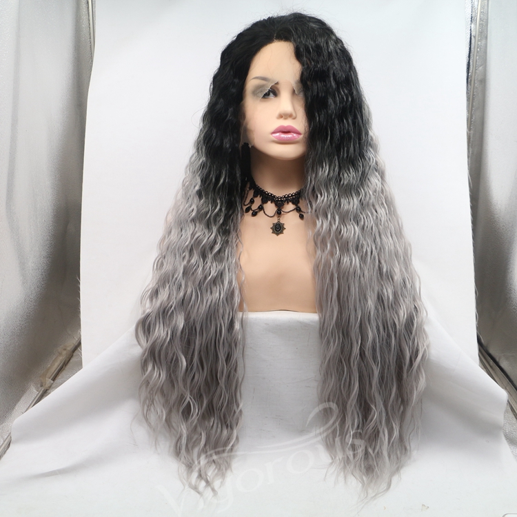 Side Part Long Water Wavy Dark Roots Ombre Grey Long Cheap Lace Fiber Wig Synthetic Hair For Women Vendor Price