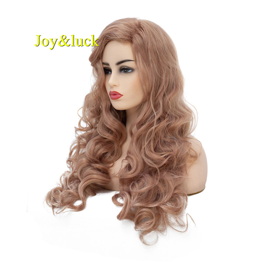 Long Rose Gold Color Natural Wavy Synthetic Wigs for Women or DIY Curly Wigs for Women Wave Hair Style