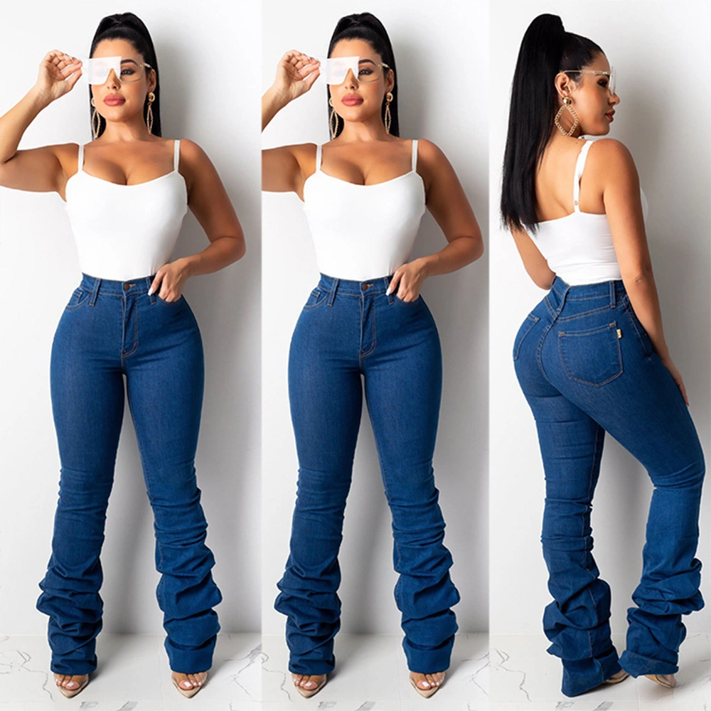 Fashion Ladies Fall Winter Denim Button Fly MID Waist Draped Zippered Straight Stacked Denim Women Jeans Pants