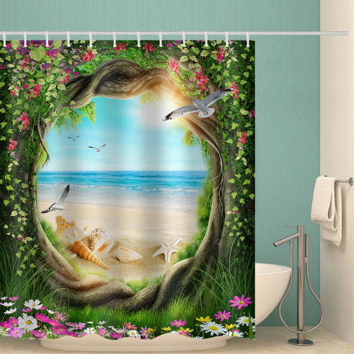 Tree Hole Flowers Waterproof Shower Curtain Sea Beach Conch Decor