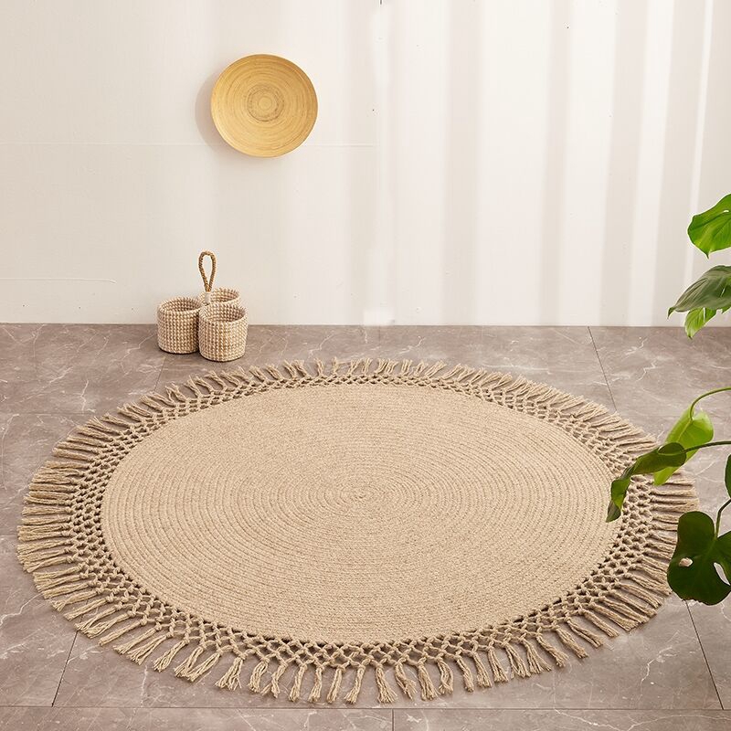 Round Wool Braided Living Room Rug With Tassels