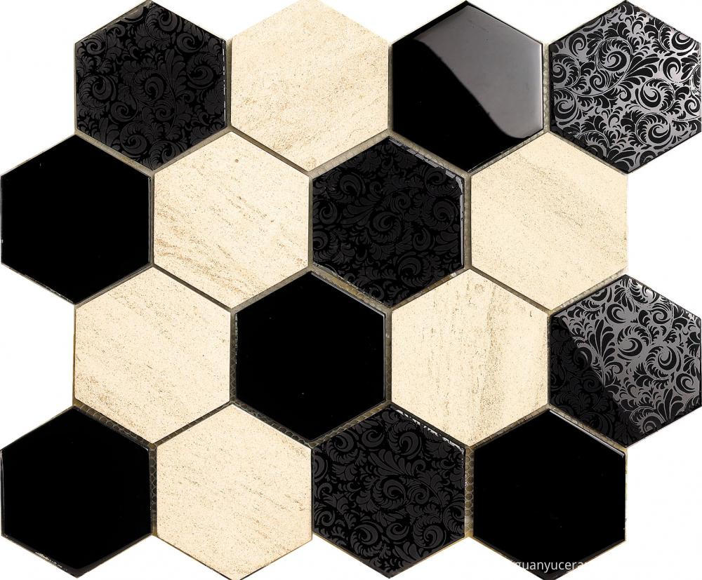 Fashion Black Flower Pattern Hexagon Mosaic