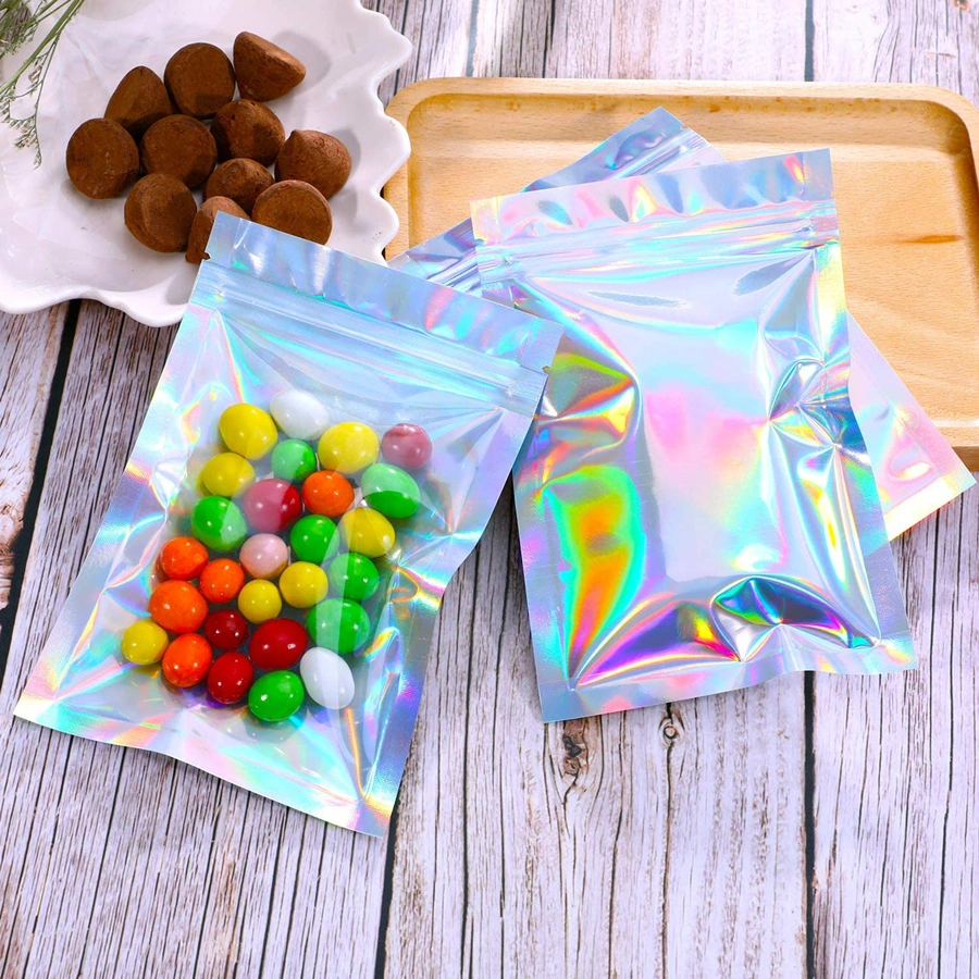 100 Pieces Holographic Rainbow Aluminum Foil Smell Proof Ziplock Bags Metallic Zipper Pouches