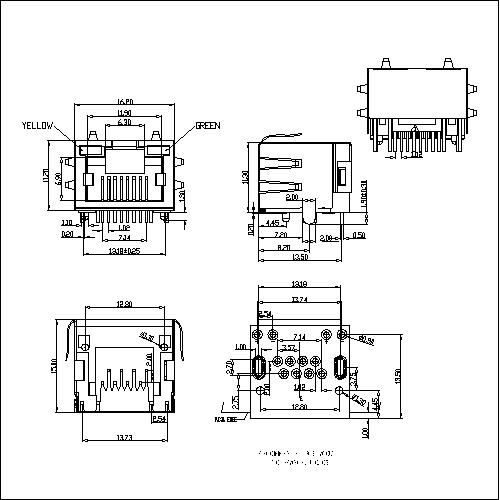 ATRJ5621-8P8C-X-C-A-B-005 RJ45 JACK Side Entry 1X1Port Shield With LED & EMI Ultrathin Crooked Peg Type