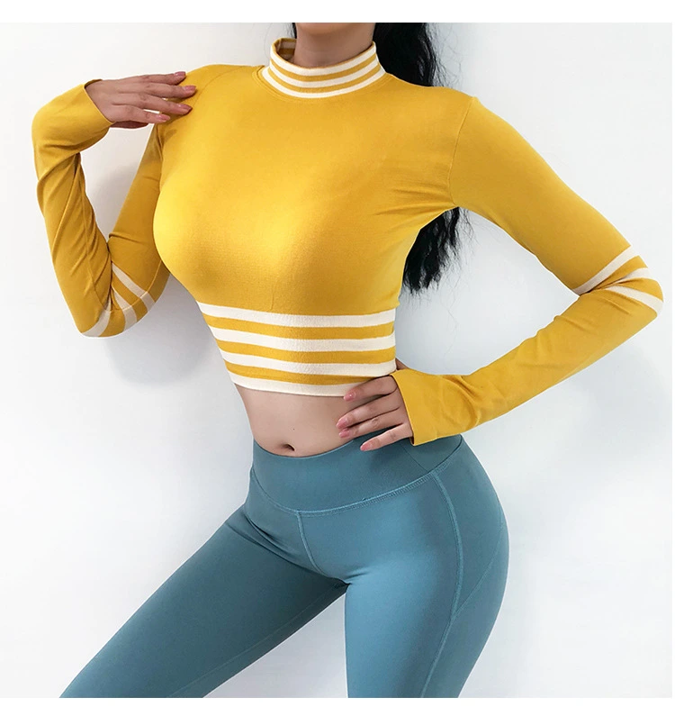 Women Long Sleeve Workout Fitness Clothing Sport Seamless Striped Gym Yoga Crop Top with Thumb Hole