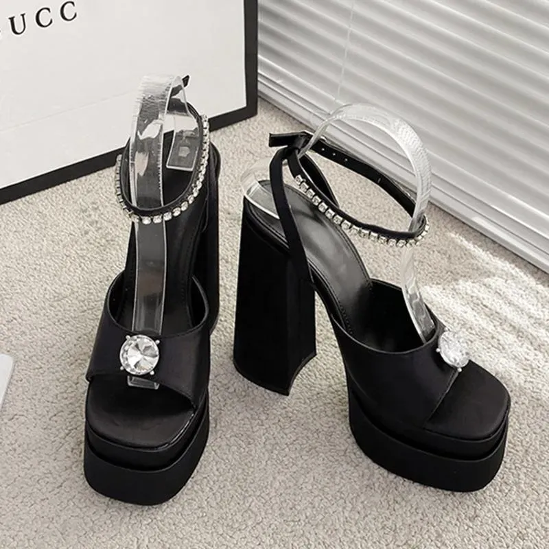 Red Sparkly Heeled Sandals with Rhinestone Straps