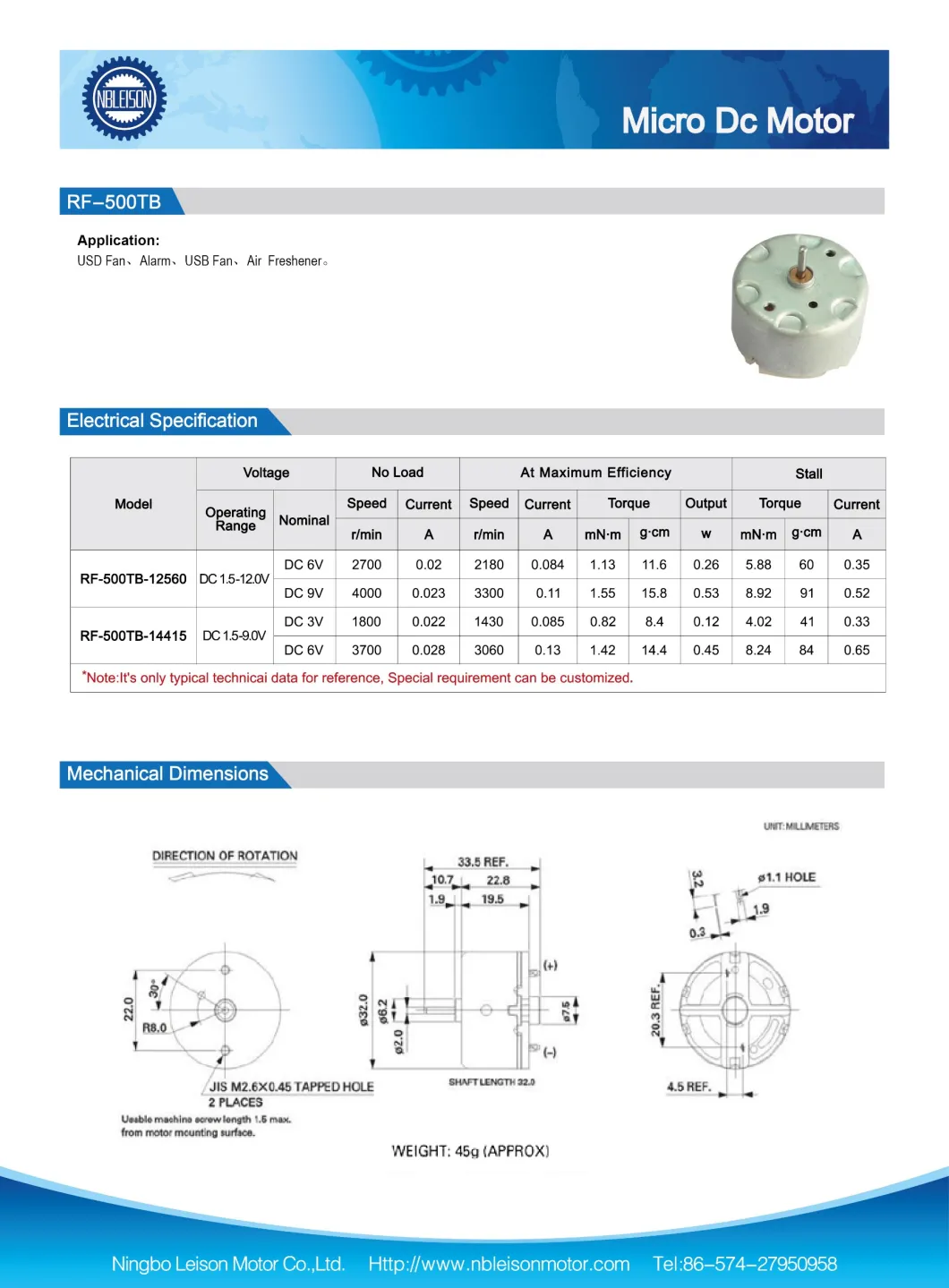 3V 6V 9V Low Speed RF-500 Small Electric Motors for Alarm and Dispenser