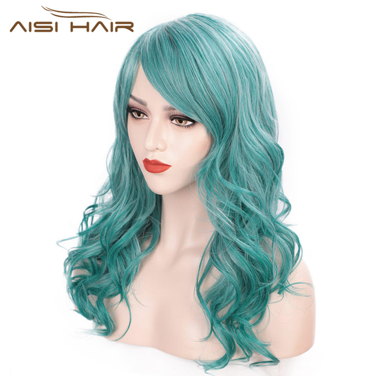 Aisi Hair Synthetic Long Wavy Lake Blue Wig for Woman Cosplay Wig Grey Green Blue Heat Resistant Fiber Wigs