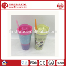 450ml Double wall plastic thermo travel drinking mug with straw
