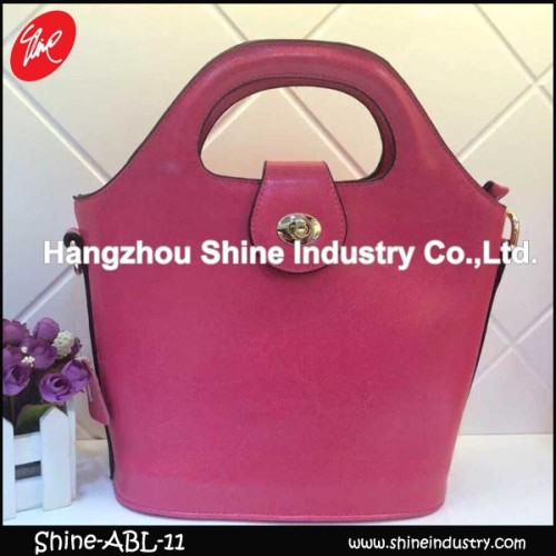 Rose red genuine leather lady tote handbag
