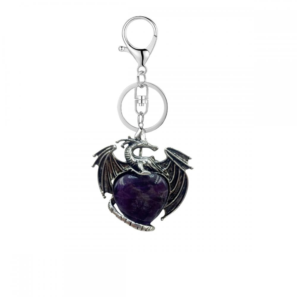 Gemstone Crystal Heart Alloy Wings Dragon &amp; Pterosaur Stone Key Chains Natural Quartz Dragon Charm Key Ring Anniversary Giftary