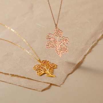 Personalized Stainless Steel Family Birth Flower Necklace 18k Gold Plated - Mom's Birthday Gift