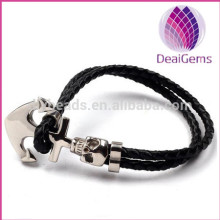 Navy style stainless steel anchor real leather bracelet for men