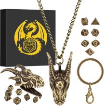 Dragon Head Necklace with Mini Dice Set, Tiny 7pcs Polyhedral DND Dice Set in Dragon Head Metal Cage Portable Keychain Necklace