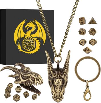 Dragon Head Necklace with Mini Dice Set, Tiny 7pcs Polyhedral DND Dice Set in Dragon Head Metal Cage Portable Keychain Necklace